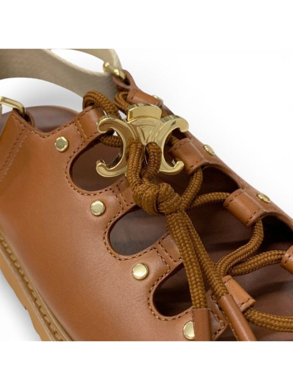 Celine Sandals Shoes Leather Canvas Brown Beige Gold Platform Strap Lace Up - Picture 9 of 9